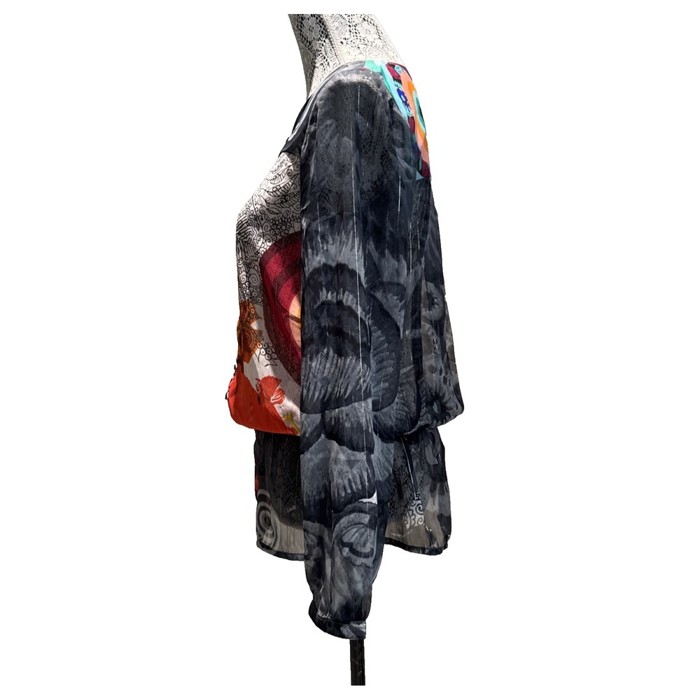 Desigual Small Colorful Patchwork Sheer Chiffon Tunic Blouse Boho Long Sleeve - Picture 4 of 11
